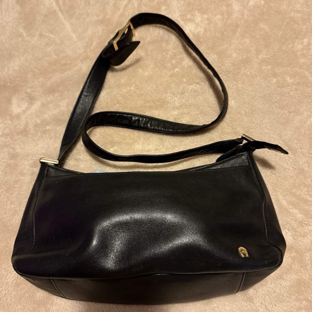 Vintage Entienne Aigner Black Leather Shoulder Bag Double Compartment